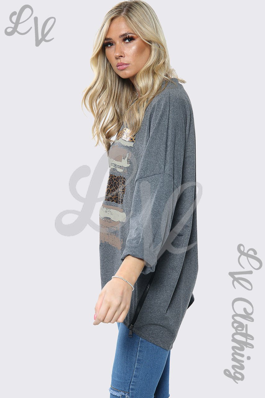 Dames oversized sweatshirt met luipaardprint houtskool per stuk € 10,99