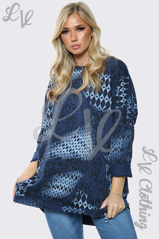 Navy animal-printed sweatshirt with long sleeves and loose crew neckline