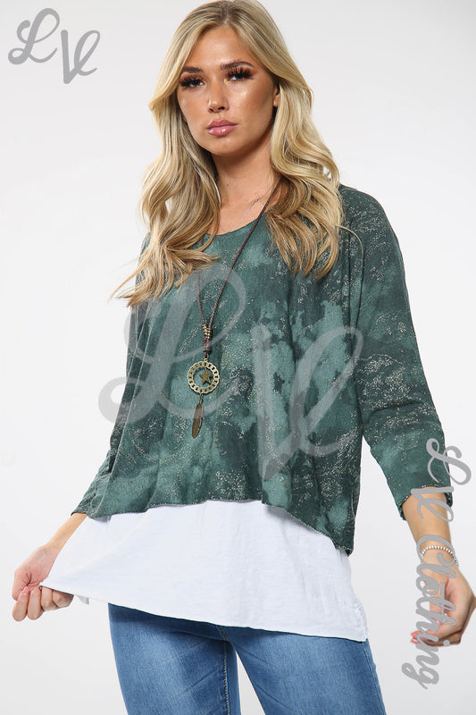 Two-layer tie dye top in forest green with white hem and necklace graphic, 3/4 sleeves