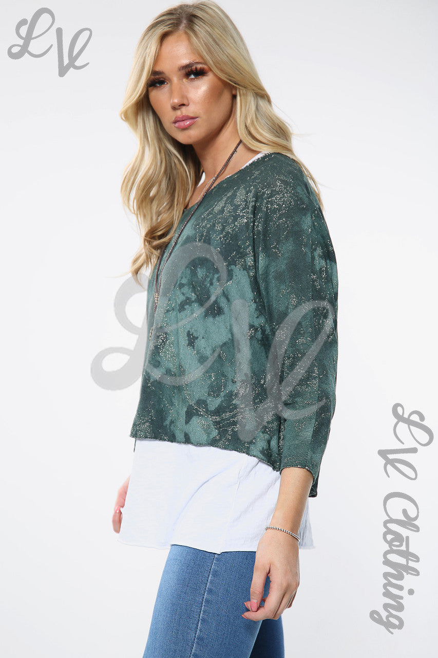 Dames Tweekleurige Tie Dye Top met Halsketting Bosgroen Stukprijs £12,99