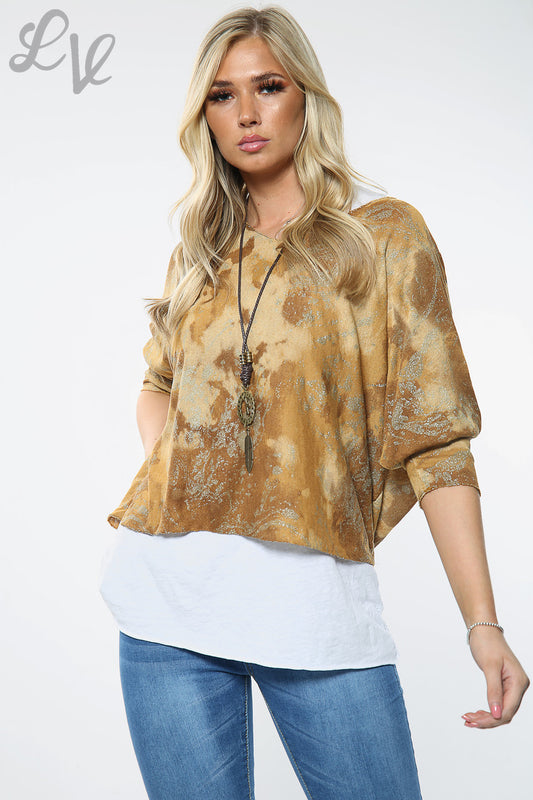 Two-layer tie-dye blouse with necklace-style neckline, mustard and tan, white hem