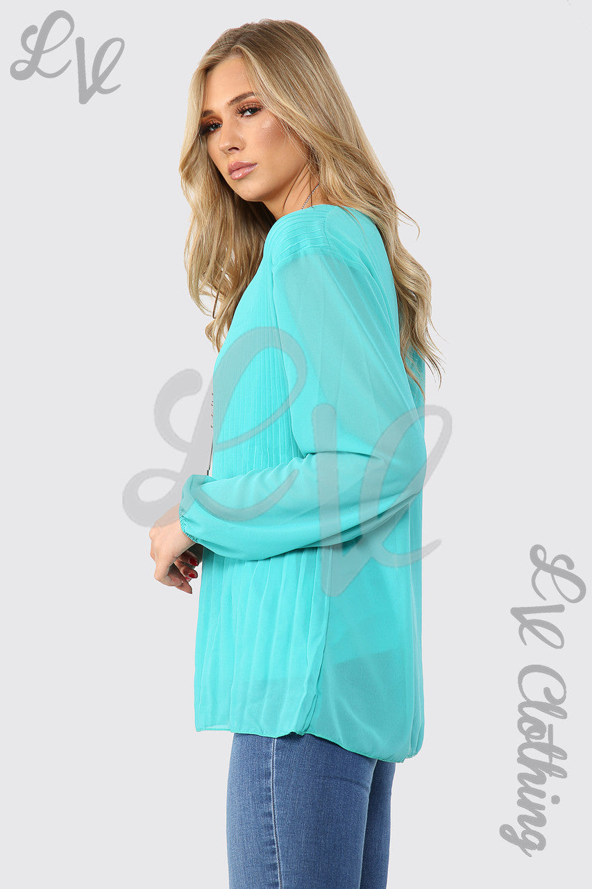 Ladies Pleated Long Sleeve Blouse With Necklace Tiffany - Unit Price £8.99