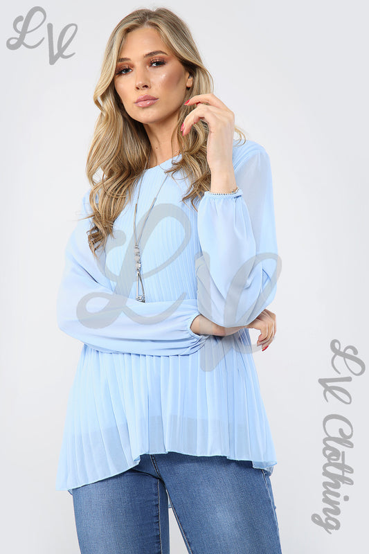 Light blue pleated long-sleeve blouse with scoop neck and gathered cuffs