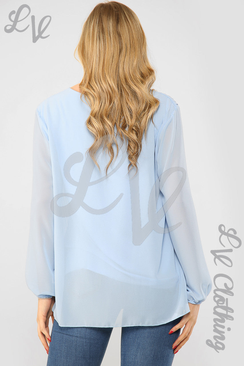 Ladies Pleated Long Sleeve Blouse With Necklace Light Blue - Unit Price £8.99