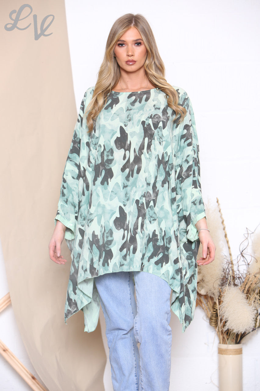 Ladies Camouflage Print Batwing Top Mint