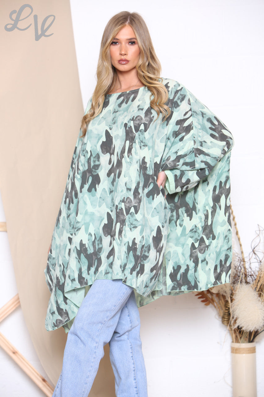 Ladies Camouflage Print Batwing Top Mint