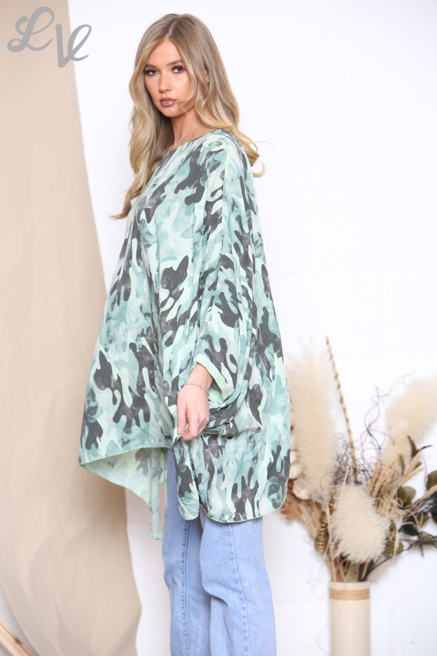 Ladies Camouflage Print Batwing Top Mint