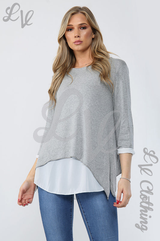 Grey double-layer shirt top with round neck, three-quarter sleeves, curved hem