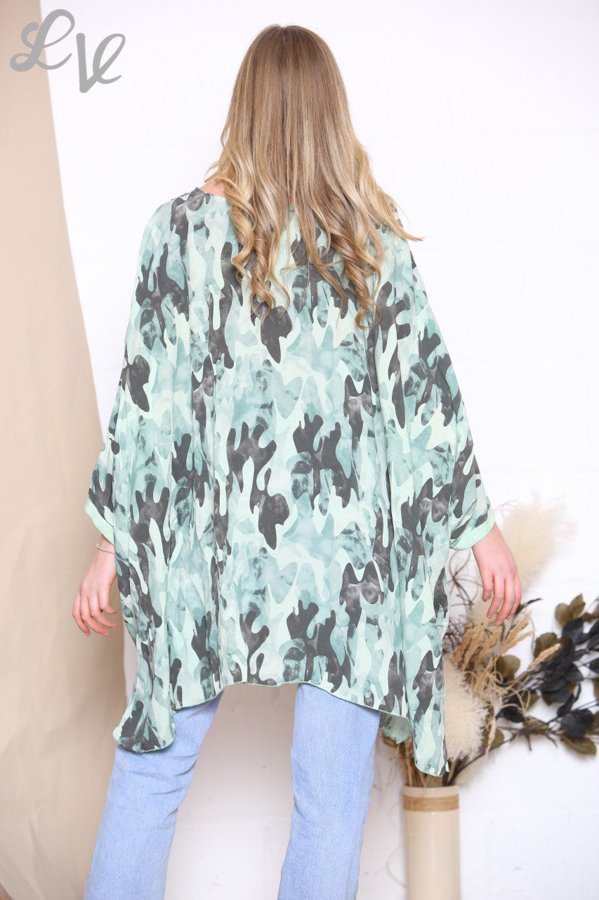 Ladies Camouflage Print Batwing Top Mint