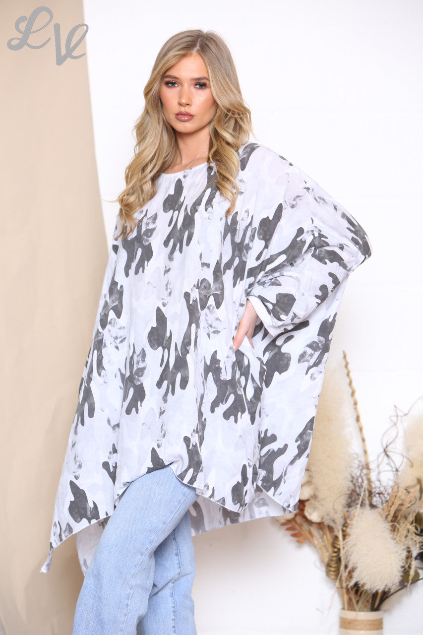 Ladies Camouflage Print Batwing Top White