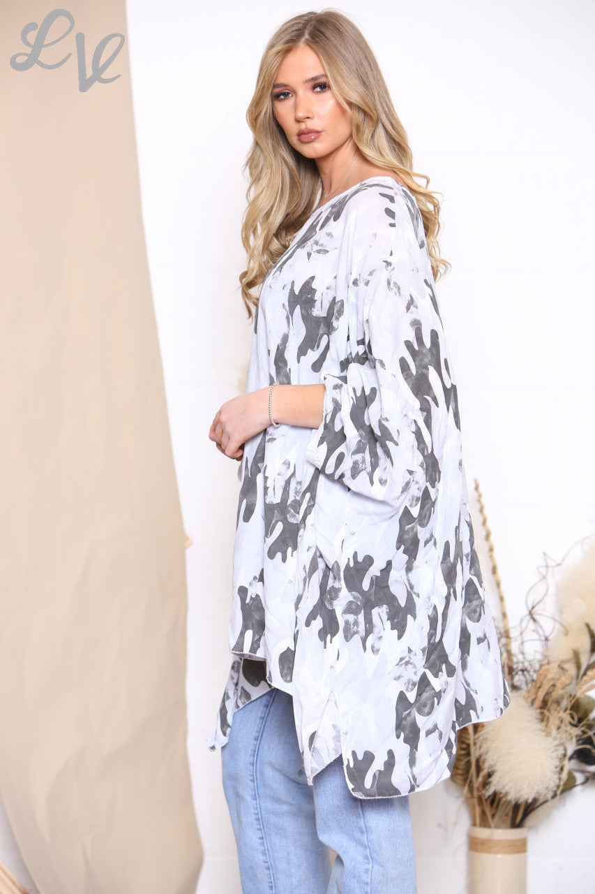 Ladies Camouflage Print Batwing Top White