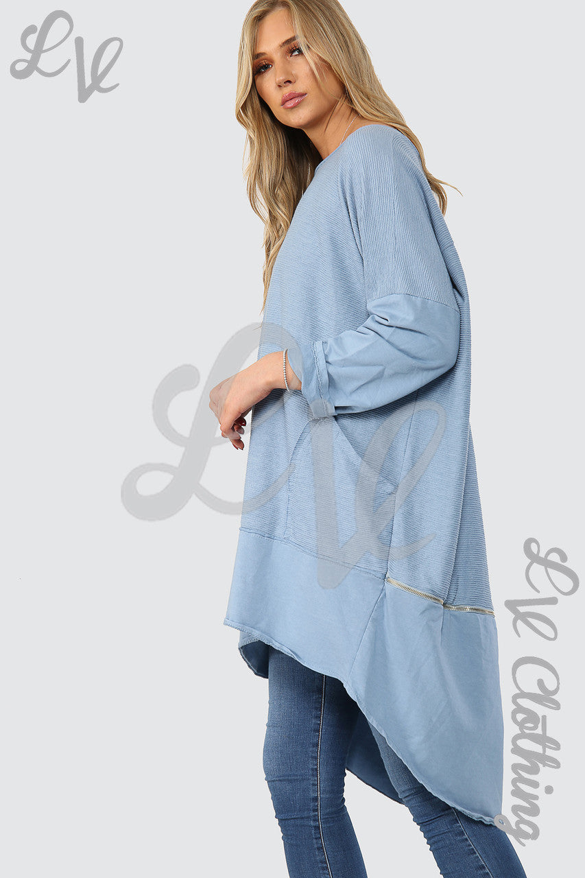 Ladies Ribbed Tunic With Zip Hem Detail Denim - Unit Price £15.99