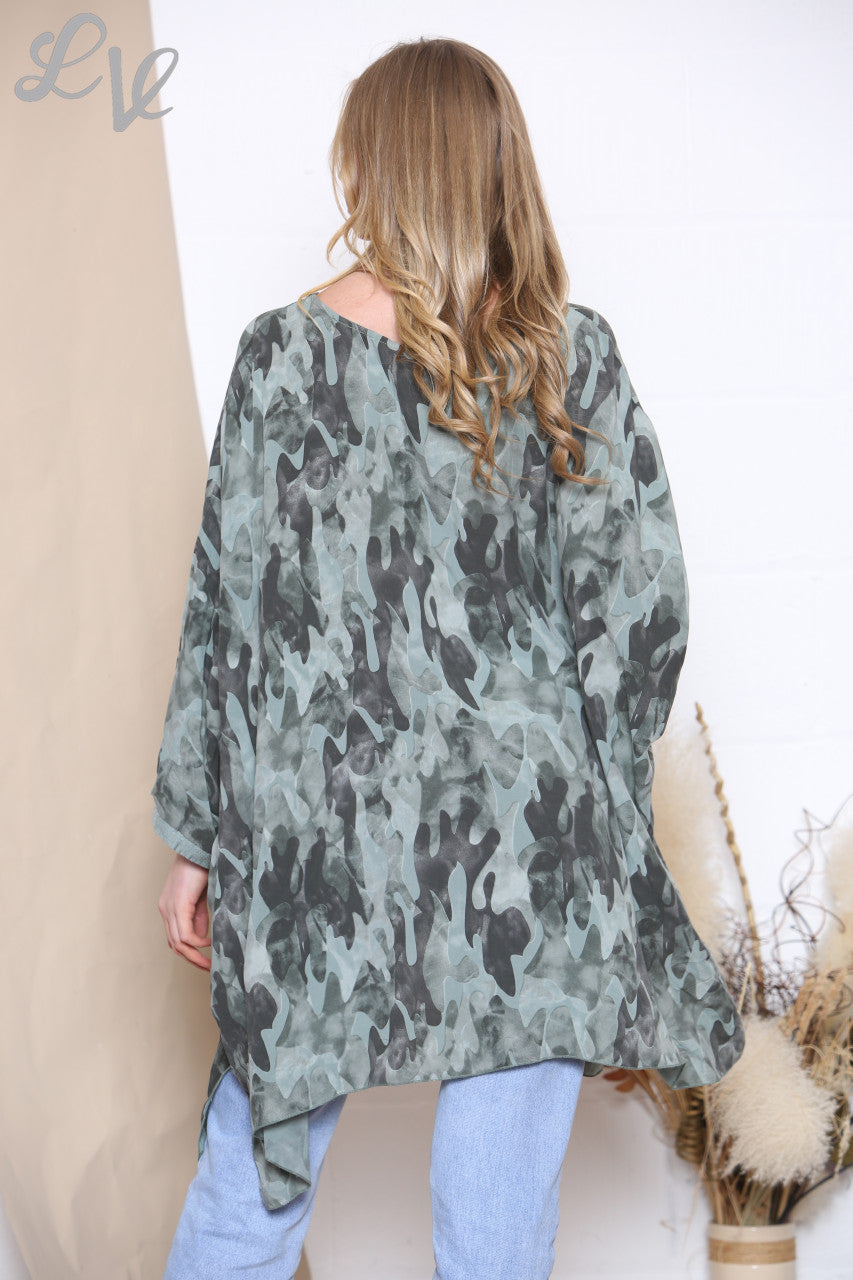Dames vleermuismouwtop met camouflagedessin kaki
