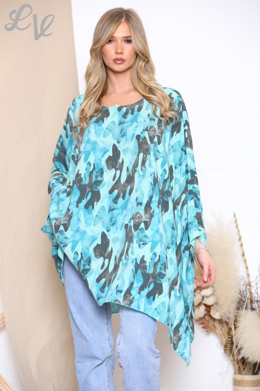 Ladies Camouflage Print Batwing Top Turquoise