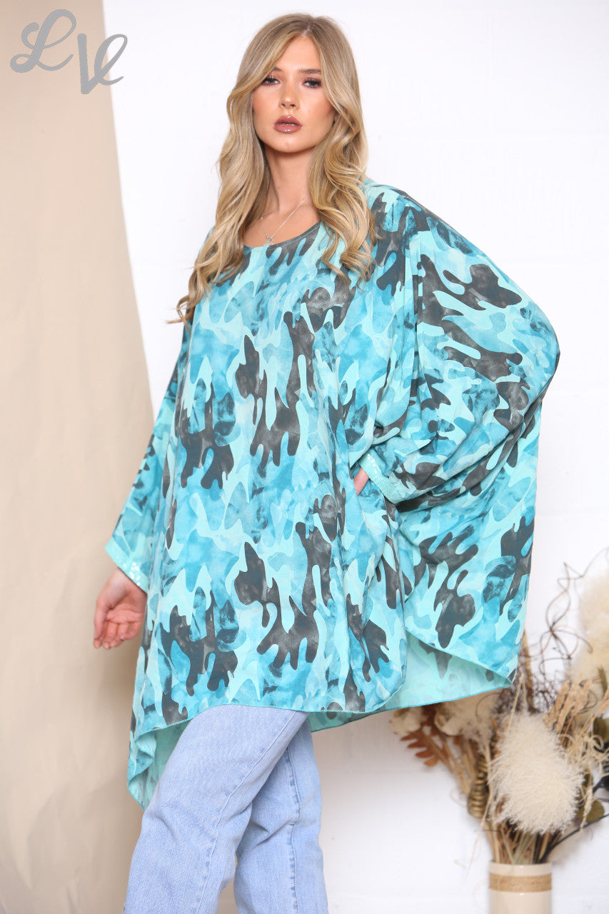 Ladies Camouflage Print Batwing Top Turquoise