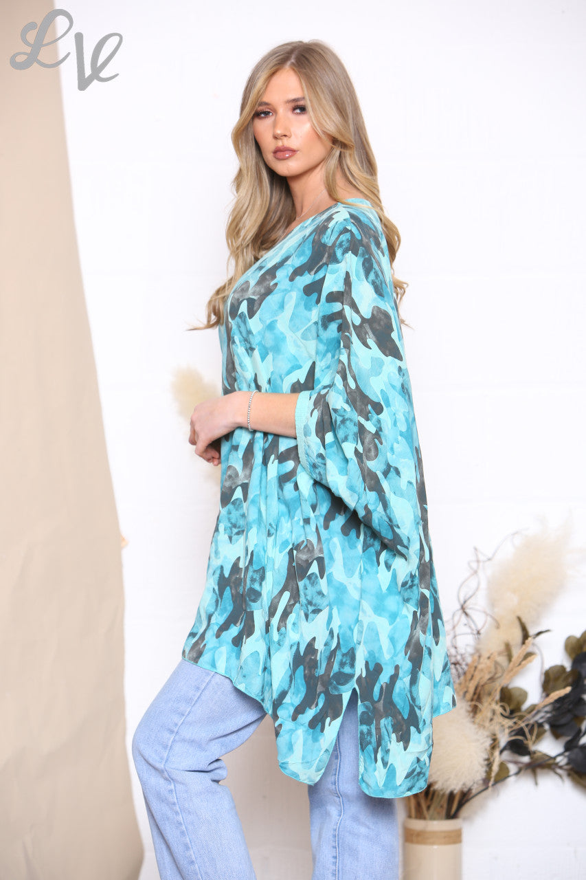 Ladies Camouflage Print Batwing Top Turquoise