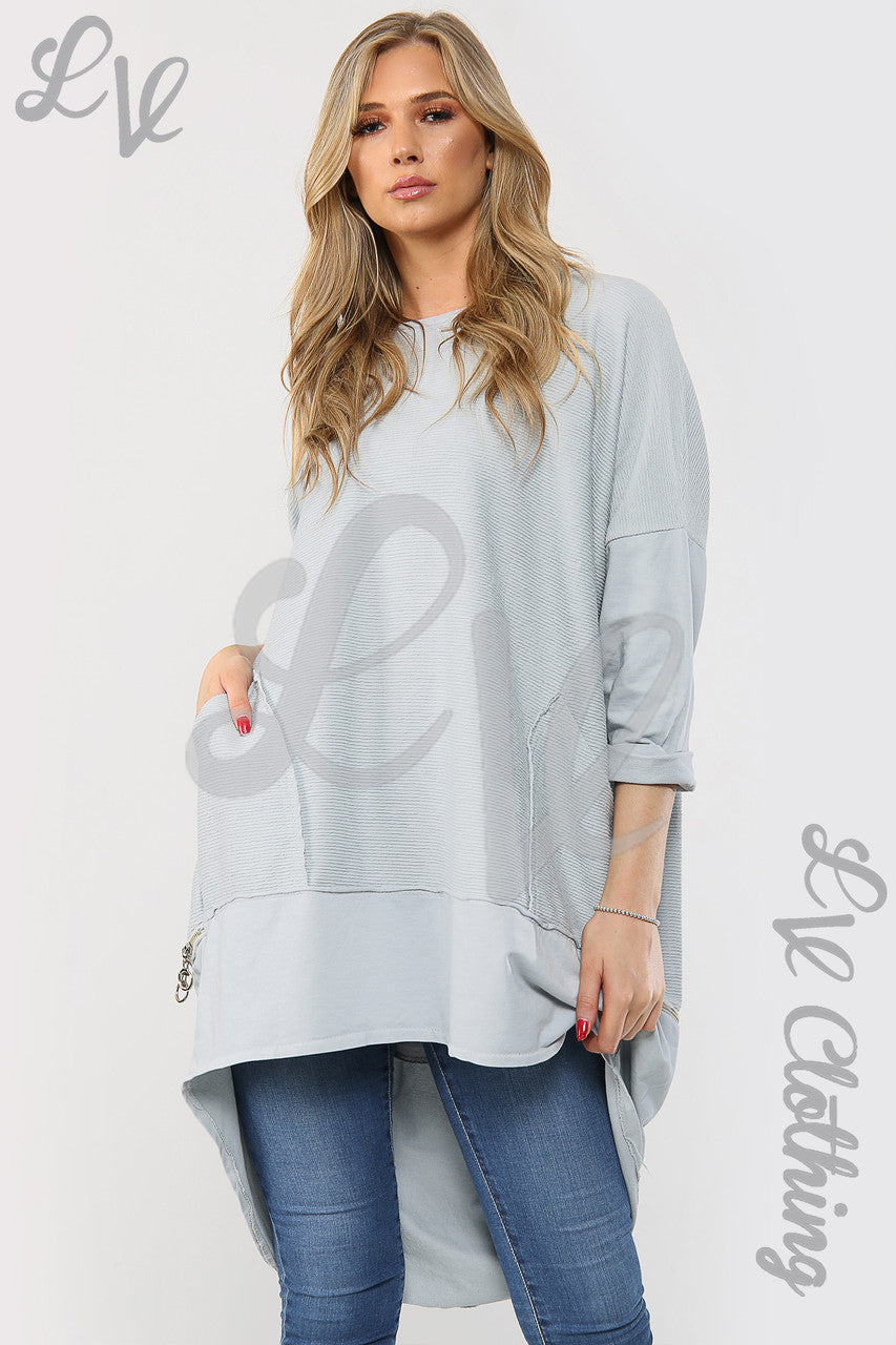 Ladies Ribbed Tunic With Zip Hem Detail Grey - Unit Price £15.99