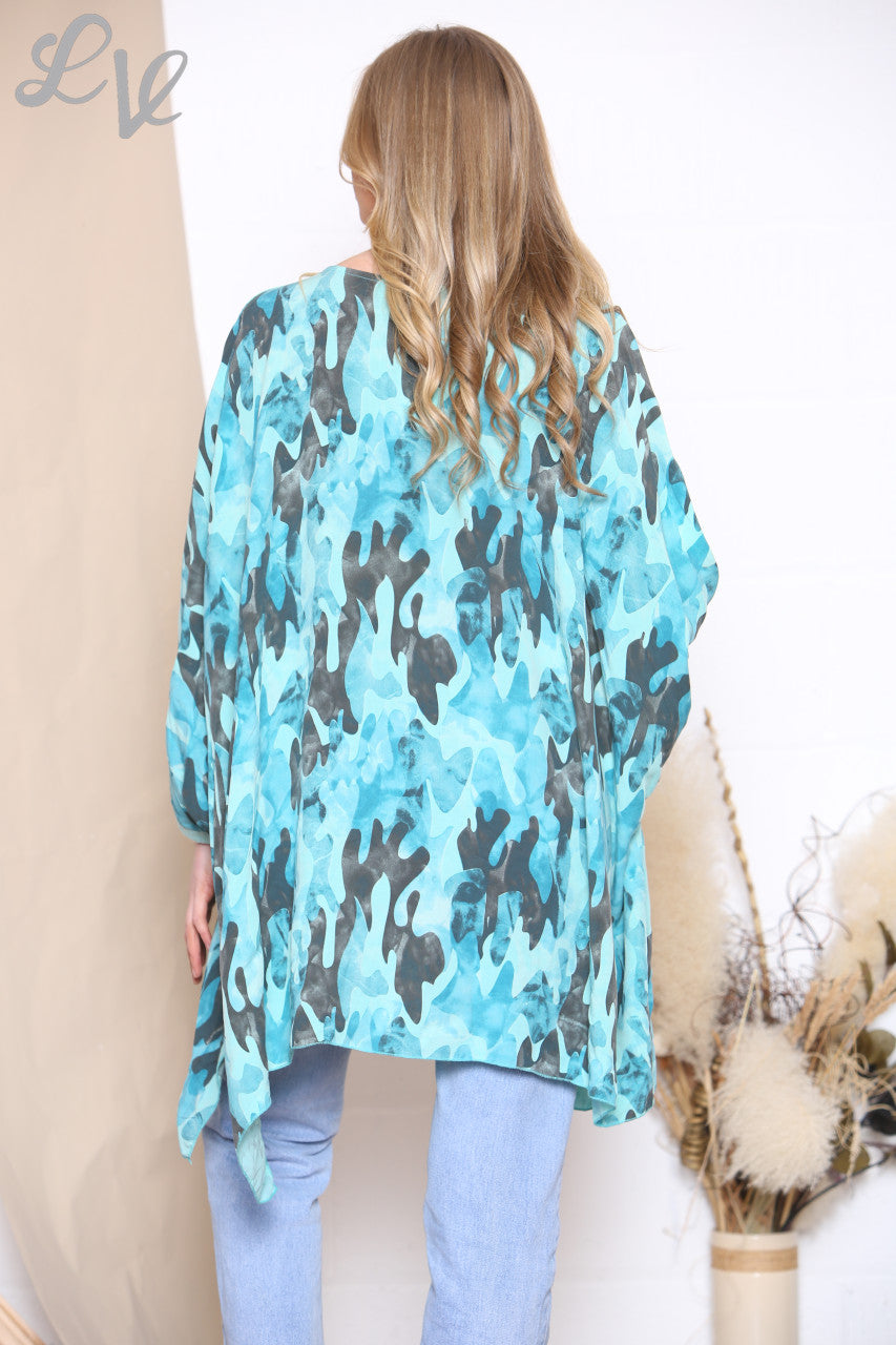 Ladies Camouflage Print Batwing Top Turquoise