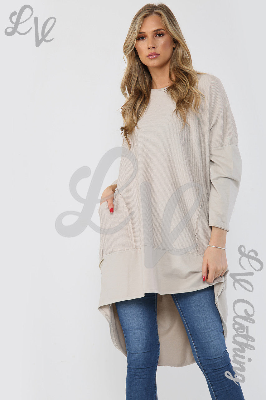 Ladies Ribbed Tunic With Zip Hem Detail Stone - Unit Price £15.99
