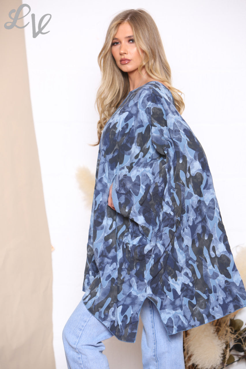 Dames Camouflageprint Vleermuismouwentop Denim