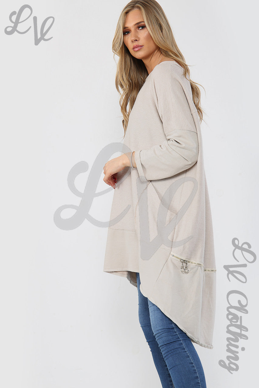 Ladies Ribbed Tunic With Zip Hem Detail Stone - Unit Price £15.99