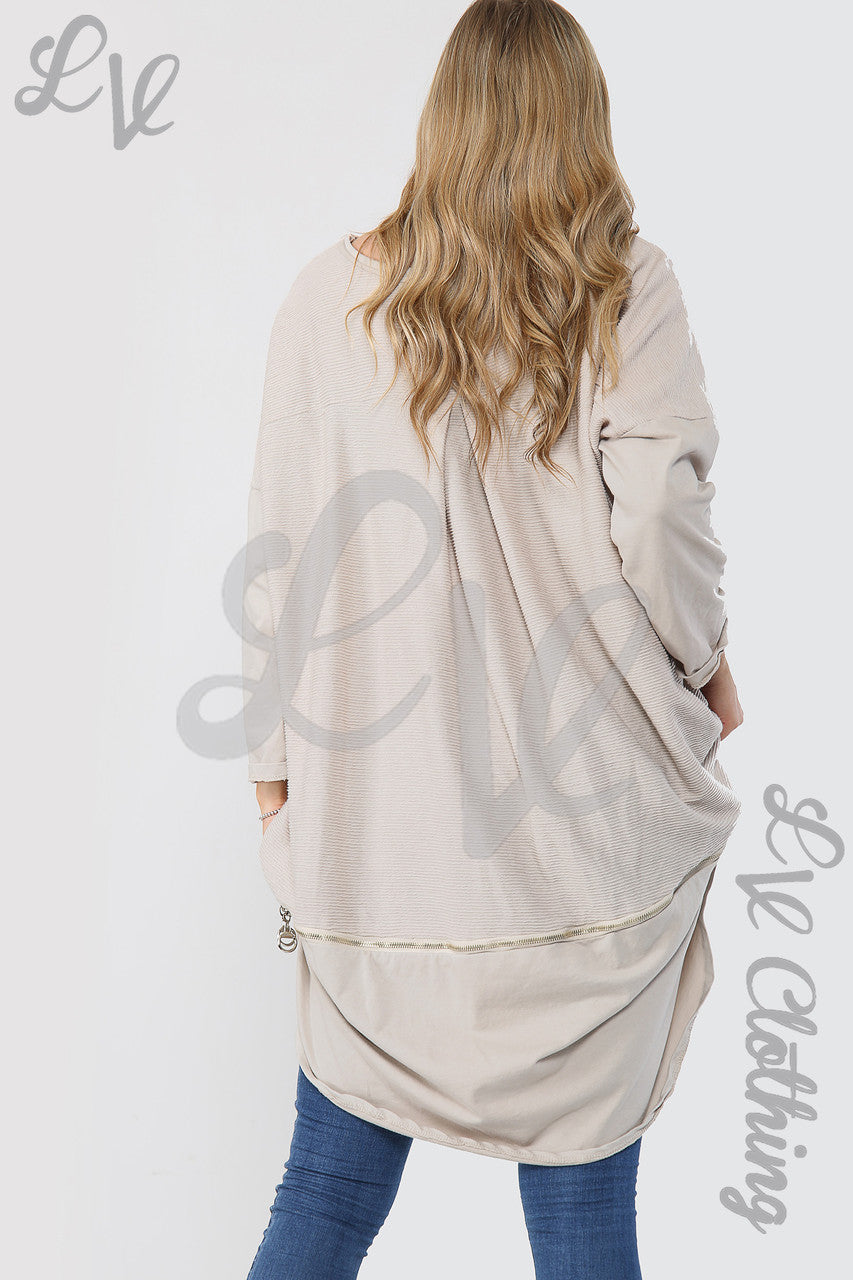 Ladies Ribbed Tunic With Zip Hem Detail Stone - Unit Price £15.99