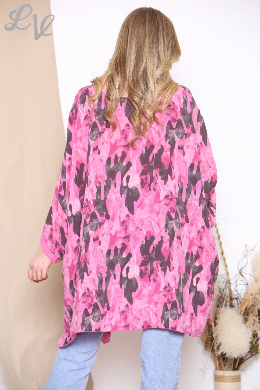 Dames Camouflageprint Batwing Top Cerise