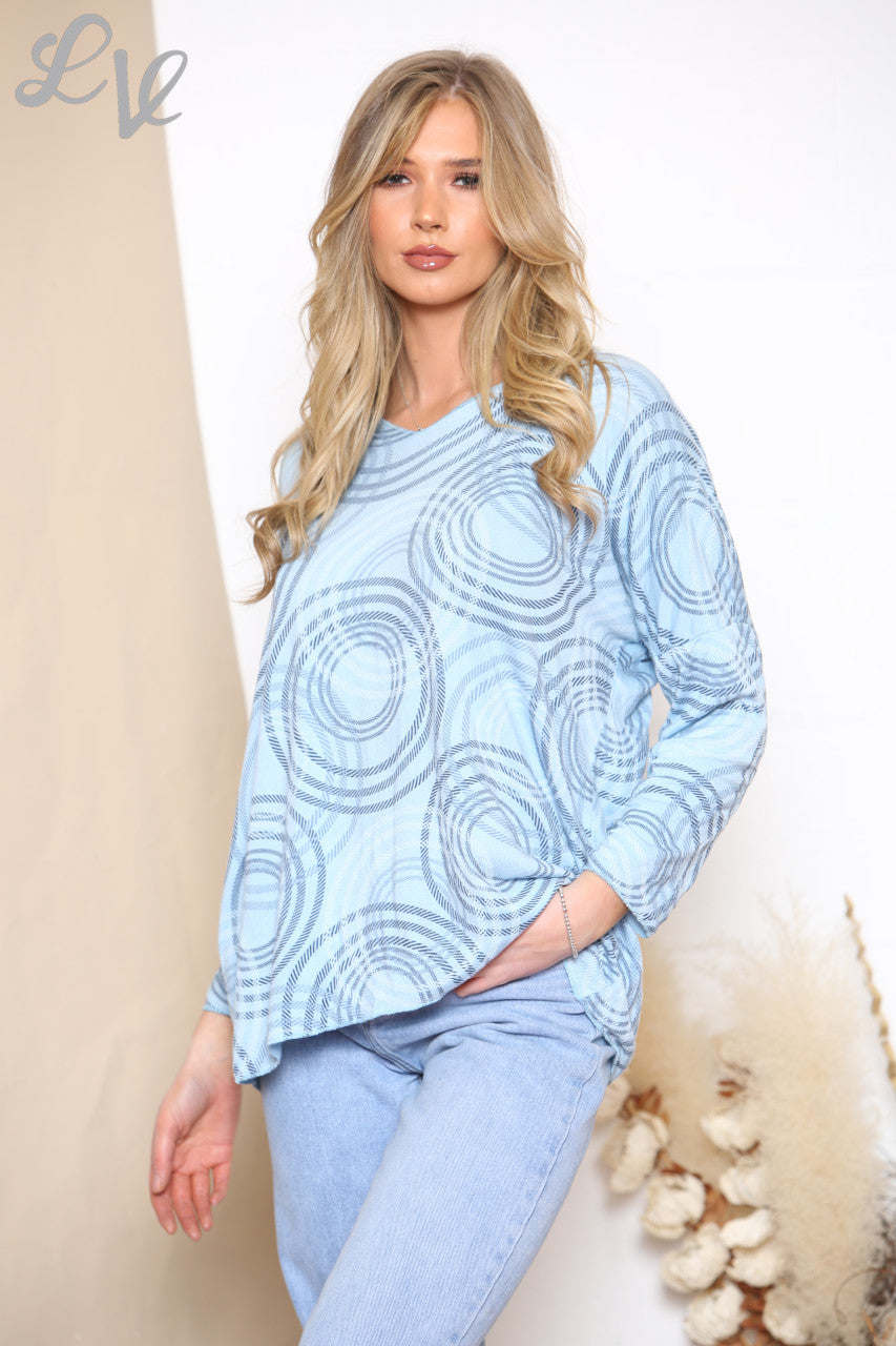 Ladies Circle Outline Print Fijngebreide Trui Top Hemelsblauw