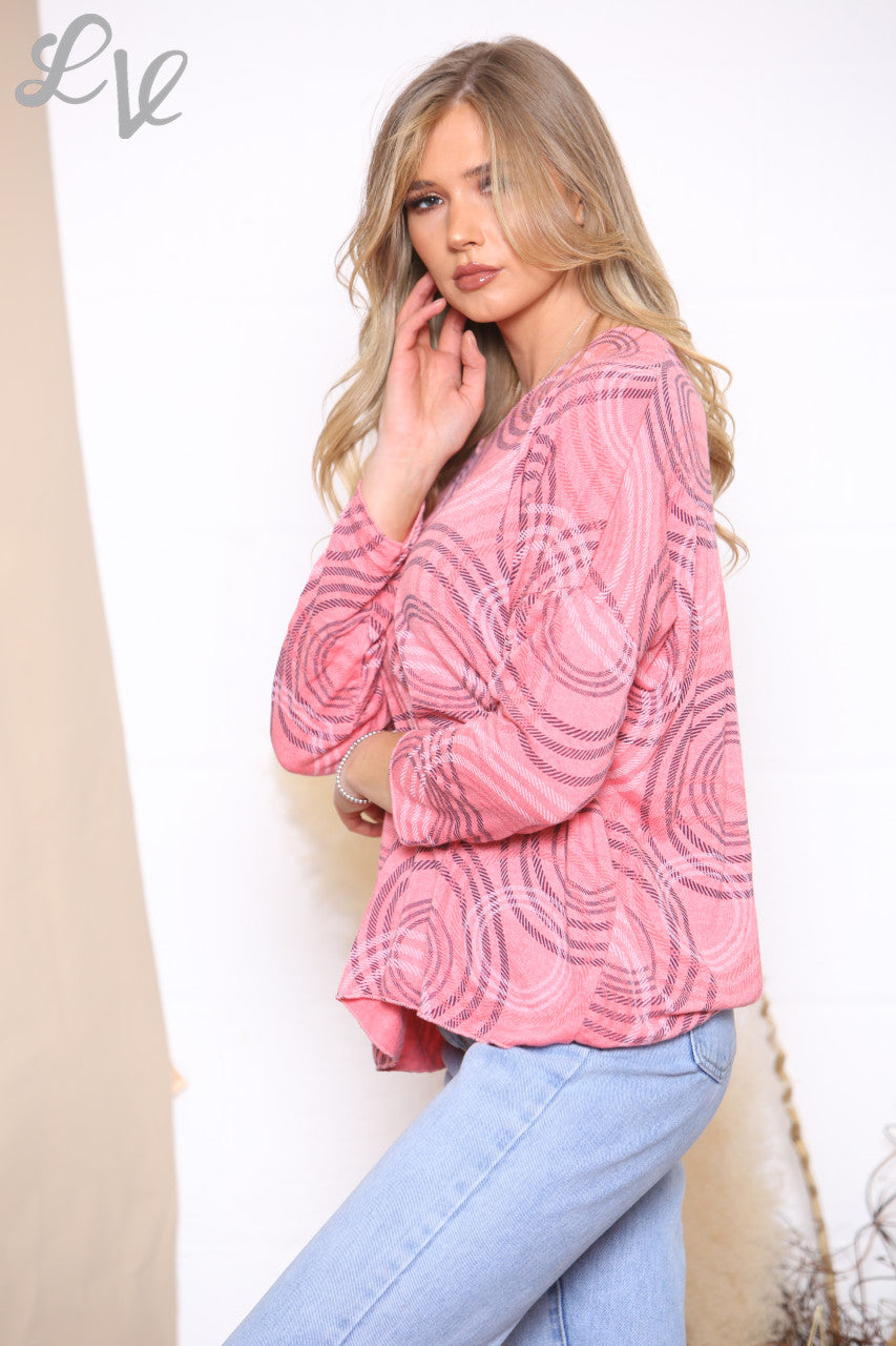 Ladies Circle Outline Print Fine Knit Jumper Top Coral