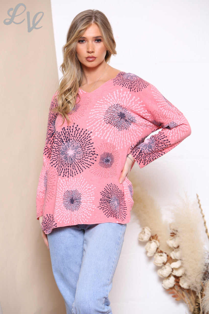 Ladies Dandelion Print Fine Knit Jumper Top Coral