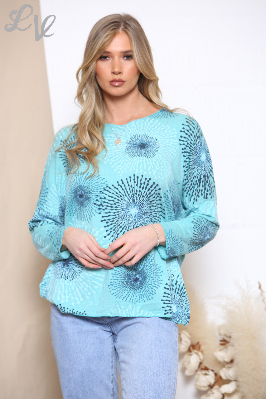 Ladies Dandelion Print Fine Knit Jumper Top Turquoise