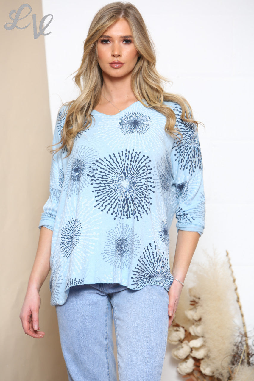 Ladies Dandelion Print Fine Knit Jumper Top Sky Blue