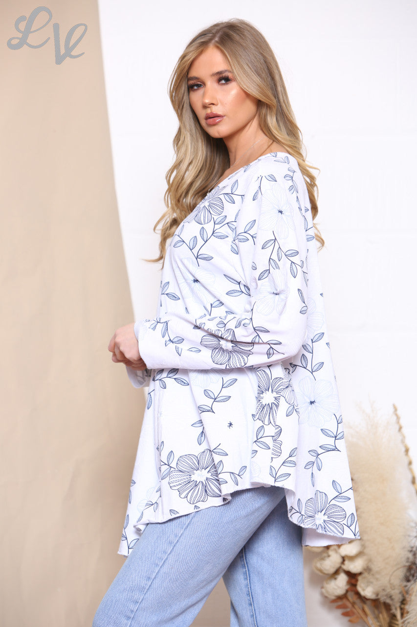Ladies Floral Line Print Top White
