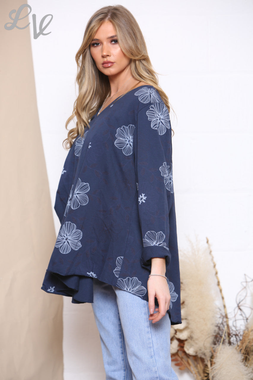 Dames Bloemenlijnprint Top Marine