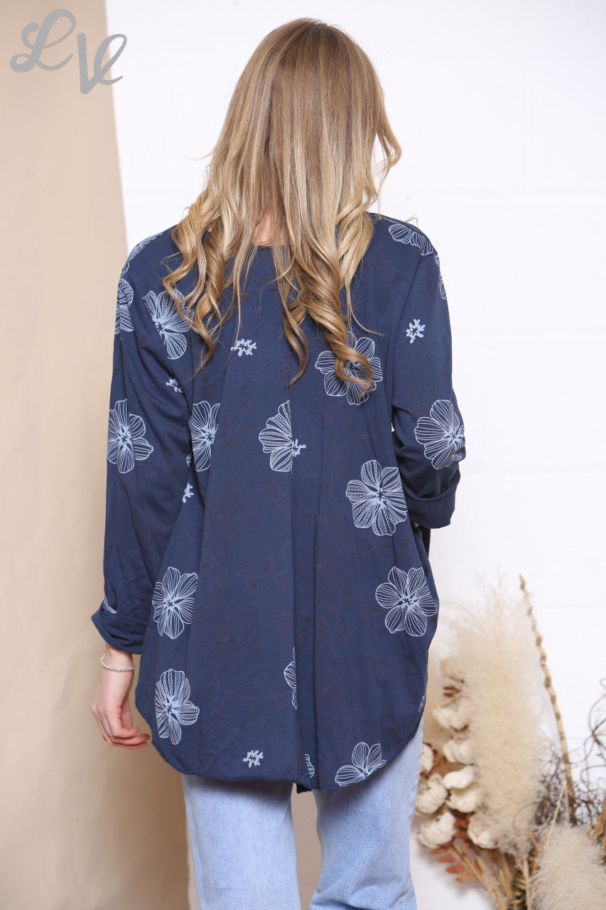 Dames Bloemenlijnprint Top Marine