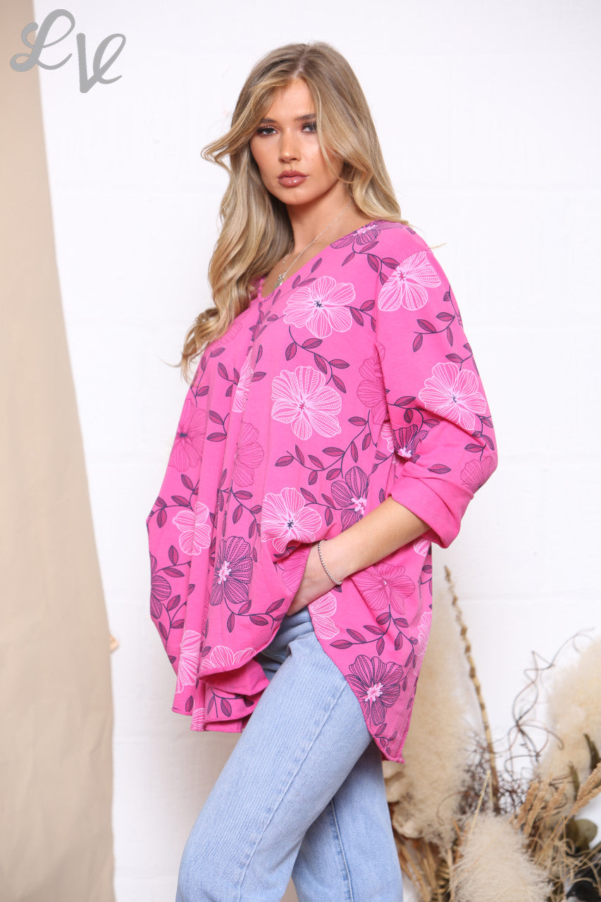 Dames Top Met Bloemenlijnprint Cerise
