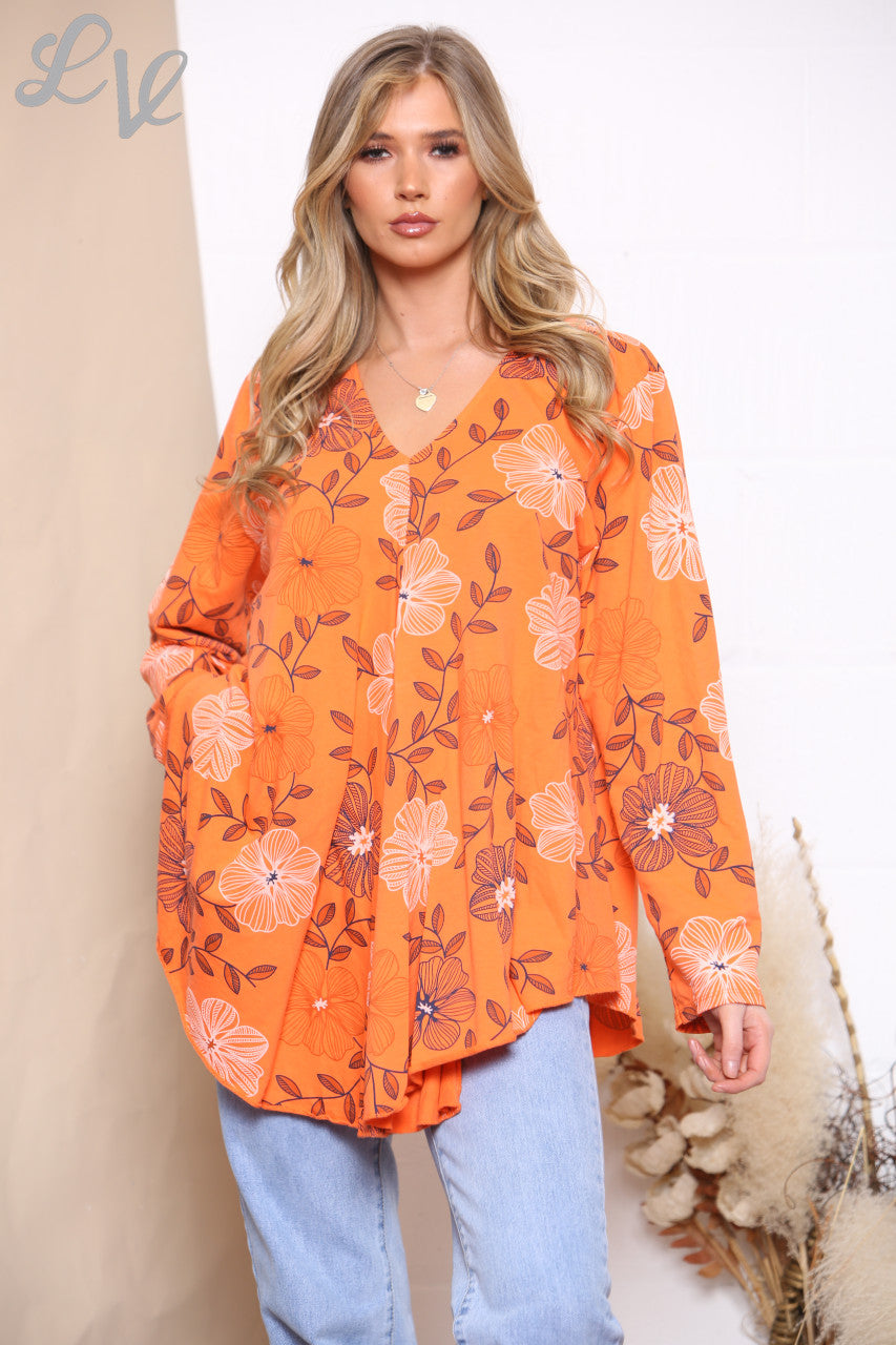 Dames Bloemenlijnprint Top Oranje