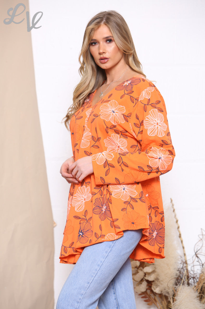 Dames Bloemenlijnprint Top Oranje