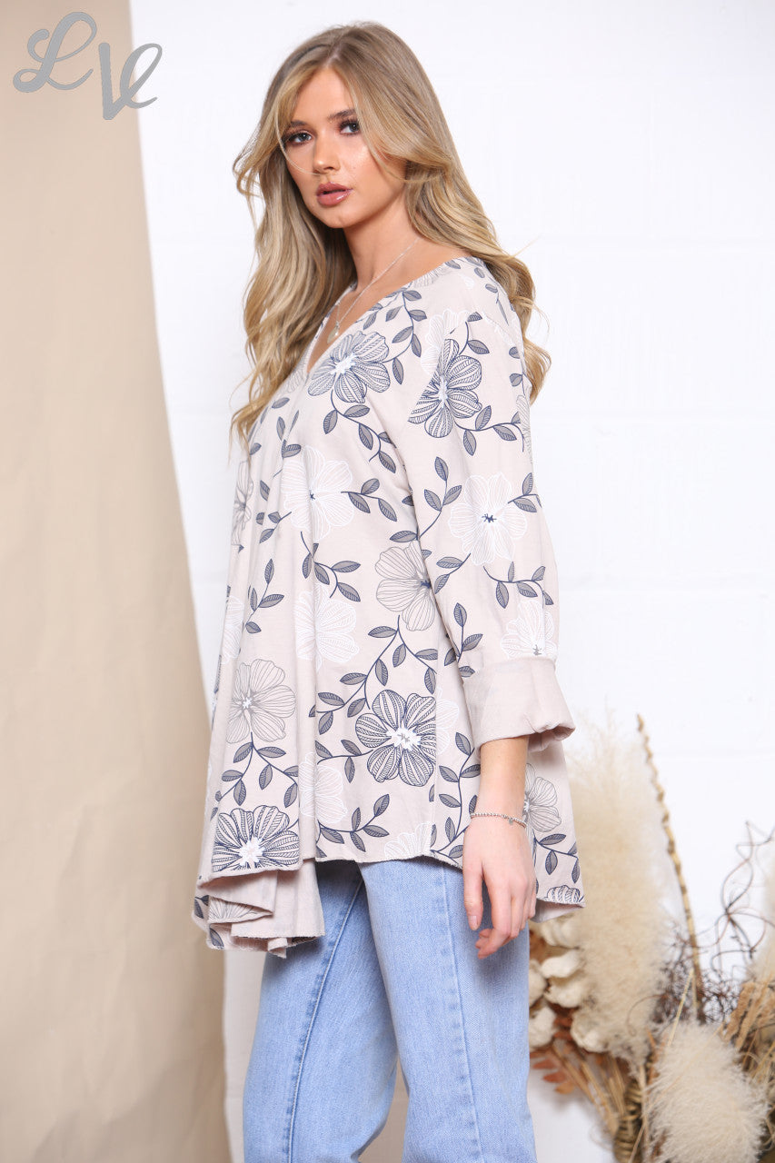 Ladies Floral Line Print Top Stone
