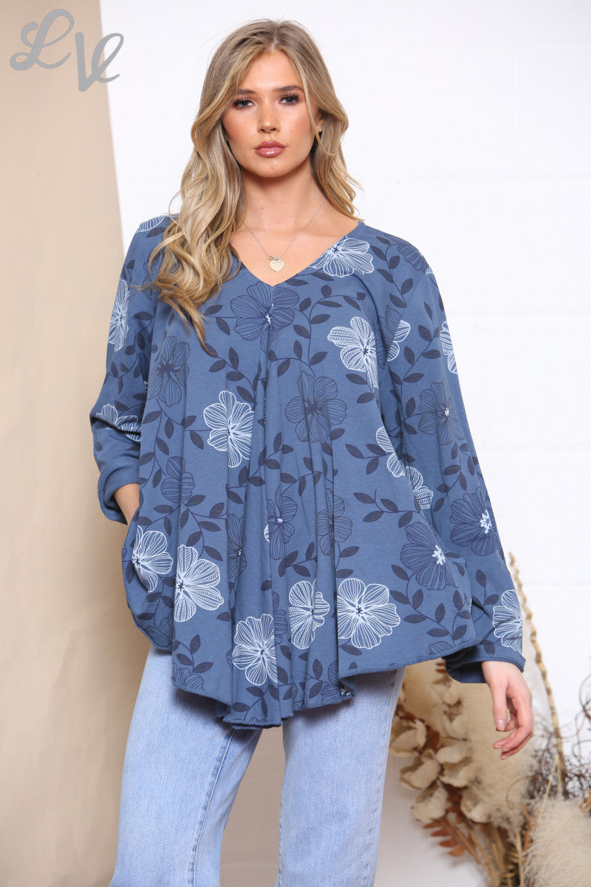 Ladies Floral Line Print Top Denim