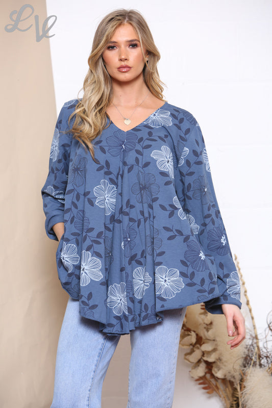 Ladies Floral Line Print Top Denim