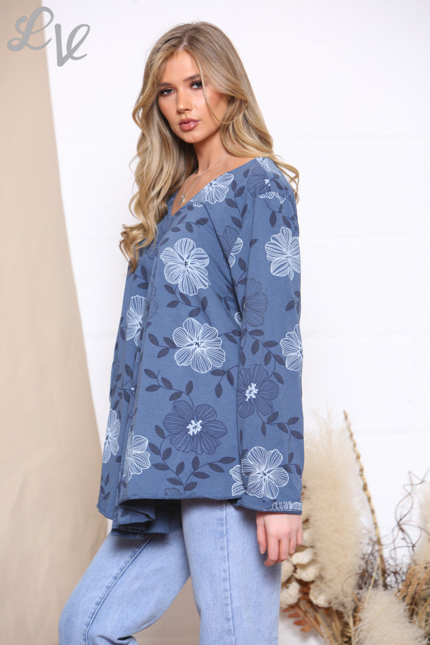 Ladies Floral Line Print Top Denim