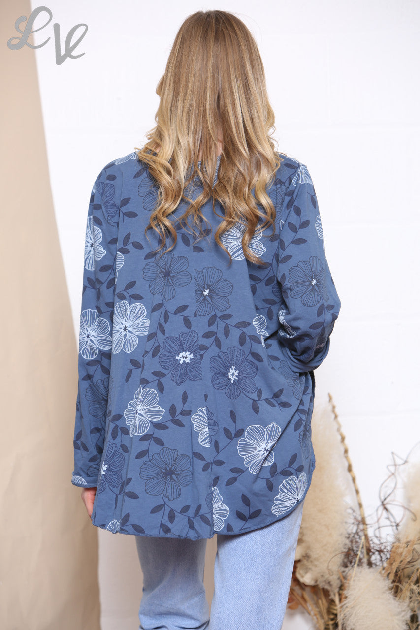 Ladies Floral Line Print Top Denim