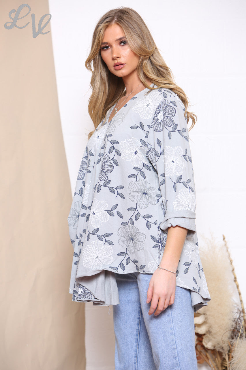 Dames Top met Bloemenlijnprint Grijs