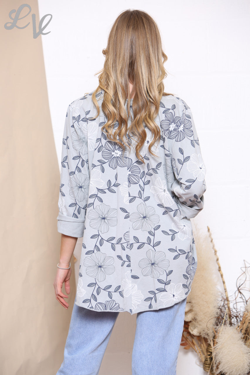 Dames Top met Bloemenlijnprint Grijs