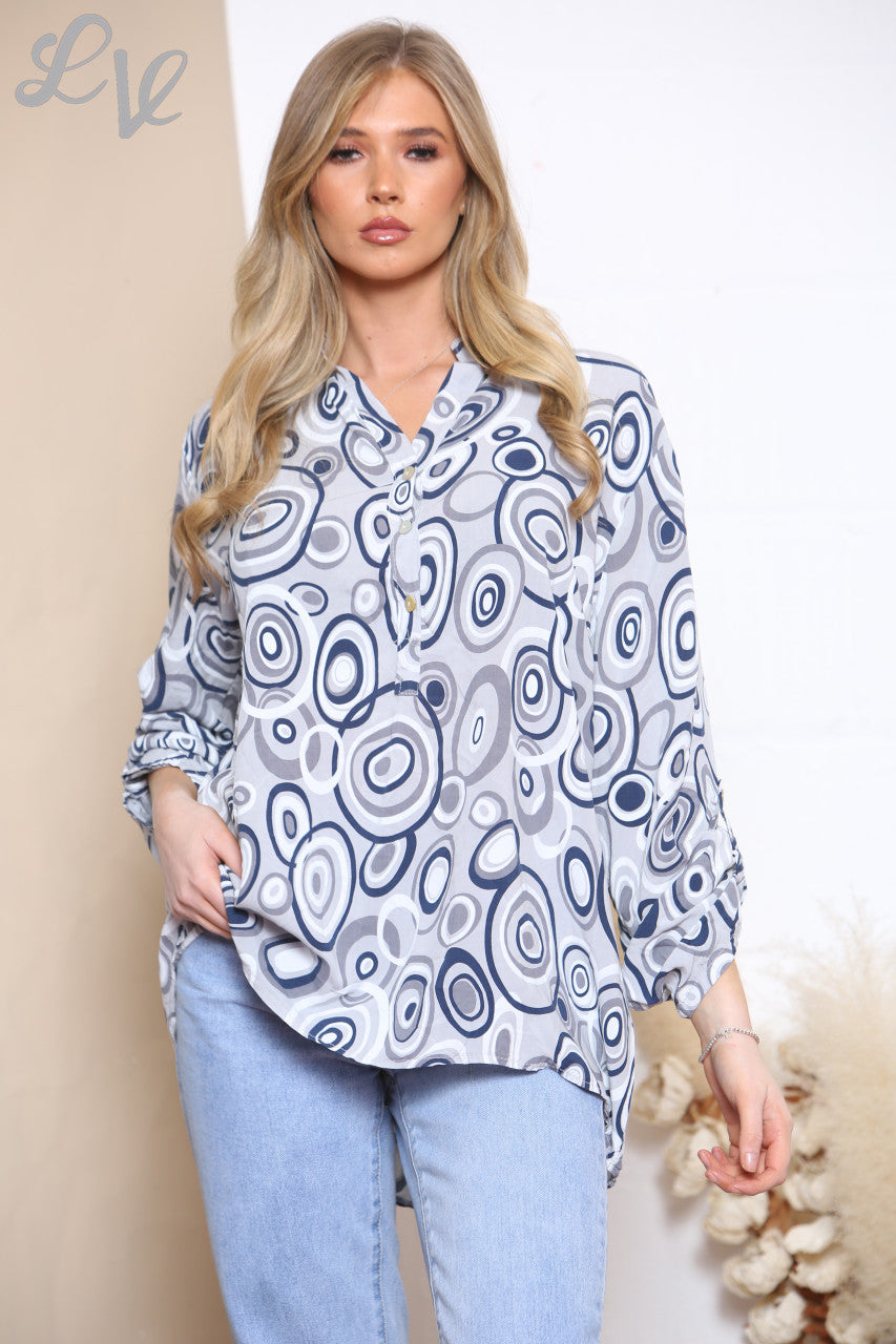 Ladies Circle Swirl Print Shirt Top Grey