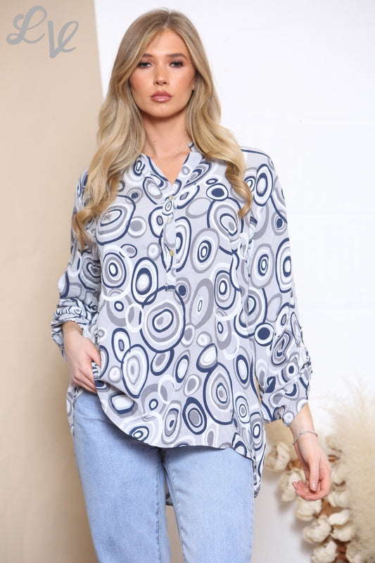 Ladies Circle Swirl Print Shirt Top Grey