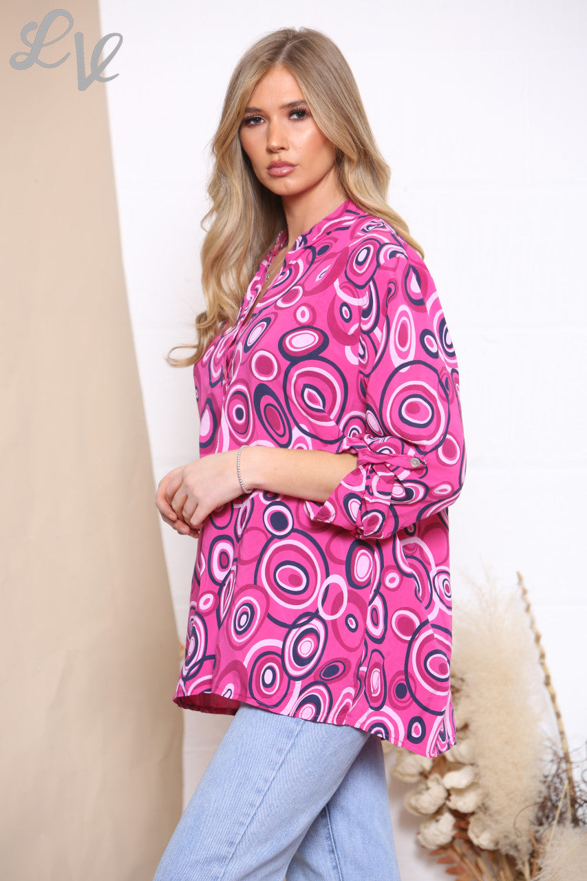 Ladies Circle Swirl Print Shirt Top Cerise