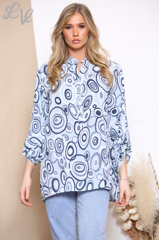 Ladies Circle Swirl Print Shirt Top Sky Blue