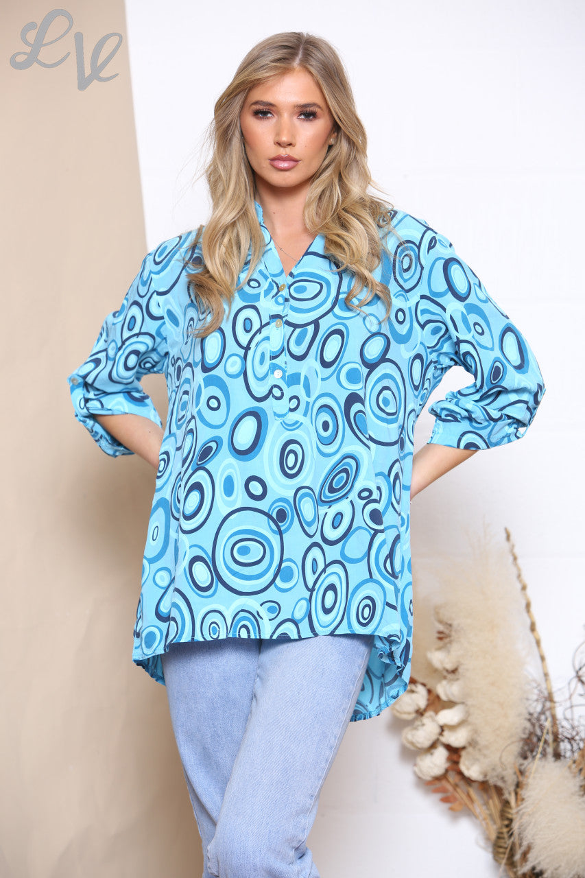 Ladies Circle Shirt Top met Draaiende Print Turkoois